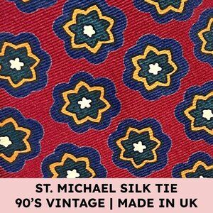 St. Michael Silk Tie Red Geometric Print Vintage Maximalist Academia Retro